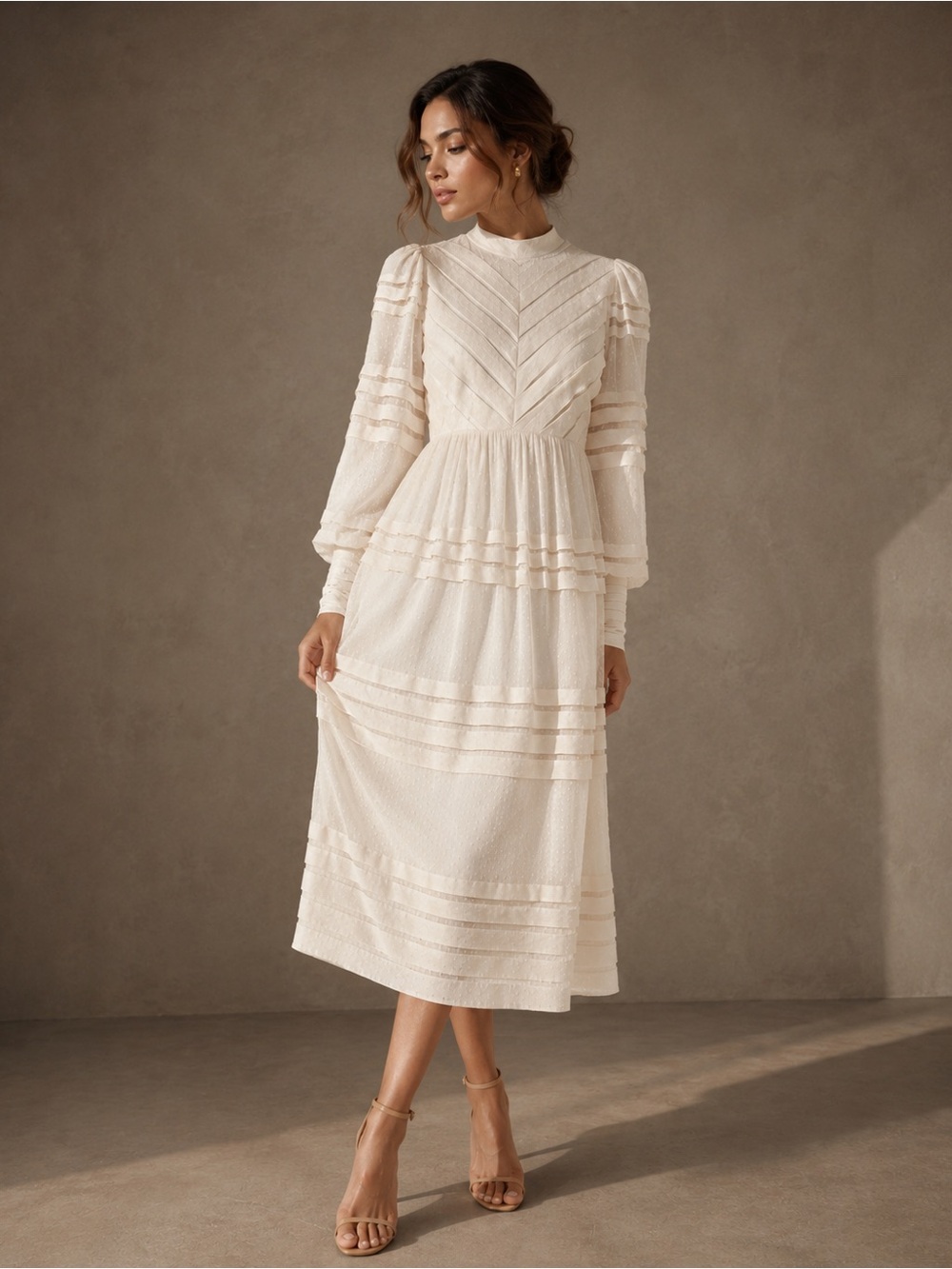 Zimmermann Ivory Pintuck Midi Dress High Neck Long Sleeve Tiered, Size XS